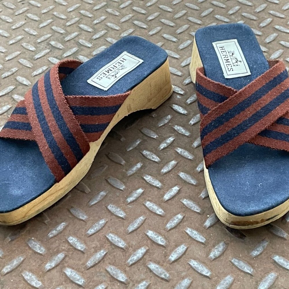 Hermes Women Sandals Canvas Navy Tan Ribbon Strap Wooden Heel Shoes Size 36/5 - Picture 5 of 12